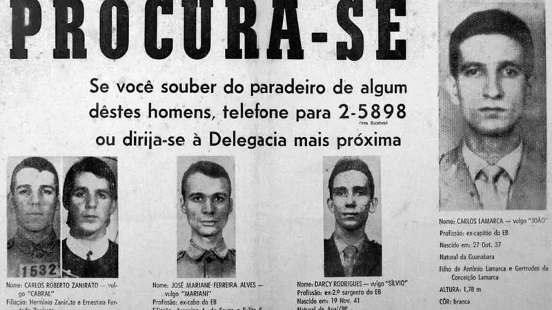 Cartaz Procura-se com as fotos de Carlos Roberto Zanirato, José Mariane Ferreira Alves, Darcy Rodrigues e Carlos Lamarca